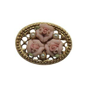 Vintage 1928 Co Pink Roses Faux Pearls Lattice Gold Tone Beaded Rim Brooch